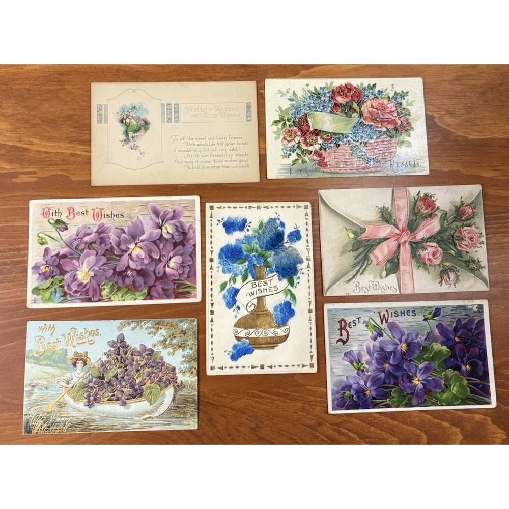 7 Flowers Greetings Best Wishes Antique Postcards. EMB. 1908 + UNP & Posted